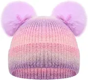 [ACTLATI] Kids Winter Knitted Beanie Hat Colorful Pompom Ears Ski Hat for Boy Girl(Ages 7-12)