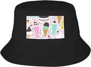 [FSCEV] Sweet Ice Cream Adult Double-Layer Fisherman Hat Women Men Beach Sun Hat Travel Foldable Brim Fishing, Black, One size