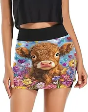 [RPLIFE] Cute Highland Cow Flowers Field Womens Athletic Skirt, Athletic Skirts for Women with Shorts, Sport Workout