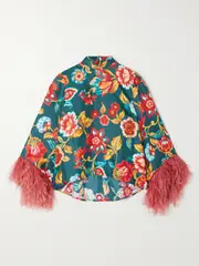 [La DoubleJ] La DoubleJ - Make An Exit Feather-trimmed Floral-print Silk-twill Top - Multi - small small Multi