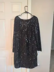 NWT Aidan Mattox Black Sequin V- Neck Long Sleeve Short Length Mini Dress.