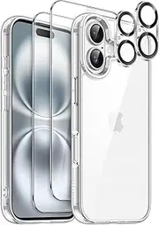 JETech 5 in 1 Case for iPhone 16 6.1-Inch with 2 Pack Each Tempered Glass Screen Protectors and Camera Lens Protectors, Non-Yellowing Shockproof Bumper Phone Cover (Clear)