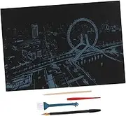 EPIGEIST 1 Set Night View Scratch Painting with Wooden and Gold Plated Pens DIY Scratching Drawing Paper for Wall Decor and Artistic Projects