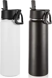Volhoply Insulated Water Bottles with Straw Bulk 2 Pack, 22 oz Stainless Steel Sports Bottle with Handle Lid, Double Walled Vacuum Metal Cold Water Cups with Wide Mouth for School Hiking(Mix,2 Set)
