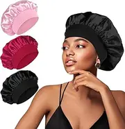 3 Pcs Hair Bonnets for Sleeping, Wide Elastic Band Silk Bonnet Satin Bonnet for Women Girls Makeup Hair Care Elastic Hat Soft Sleep Cap for Night Sleep