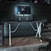 Black/White Gaming Desk-Cup Holder, Headphone Hook, Monitor Stand