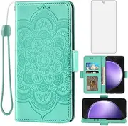 [Asuwish] Phone Case for Samsung Galaxy S23 FE 5G Wallet Cover with Tempered Glass Screen Protector and Leather Flip Credit Card Holder Stand Lanyard Cell Accessories S 23 EF S23FE 23S Women Men Green