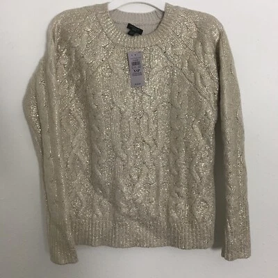 Ann Taylor Lambs Wool Cable Knit Pullover Sweater Sz XS Petite Gold Metallic NWT
