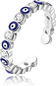[Adramata] 925 Sterling Silver Rings for Women Evil Eye Ring 18 Carat White Gold Plated Blue Evil Eye Jewellery Hamsa Open Ring Fashion Lucky Protection Jewellery Adjustable Evil Eye Rings Silver Women's Ring