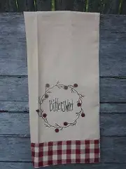 Tea Towel Muslin Folk Art Fall "Bittersweet" Red Check Border, Berry 100% Cotton
