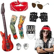 11Pcs Punk Gothic Rocker Costume Set, Rock Heavy Metal Accessories with Retro Sunglasses Gloves Bandana Fake Tattoo Sleeves Bracelet Rings Inflatable Guitar for Women Men Halloween 80s Disco Party