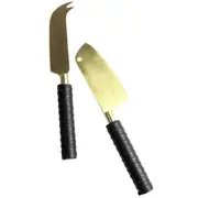 2pc Entertaining Mix Brass Cheese Knives w/ Leather Handle Slicer Set Black/Gold