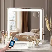 Oikiture Makeup Mirror with Light Hollywood Vanity Mirror with Dimmable LED Bluetooth Speaker USB Power Charging Makeup Vanity Mirror with Detachable 10x Magnifying Mirror, 60 x 52cm