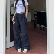 High Rise Plain Wide Leg Cargo Pants / Short-Sleeve Crop T-Shirt Pants - Navy Blue - M