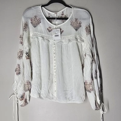 Free People Ivory Boho Peasant Blouse Large Embroidered Gauze Top Semi Sheer