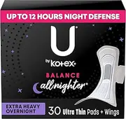 U by Kotex Balance Ultra Thin Overnight Pads with Wings, Extra Heavy Absorbency, 30 Count (Packaging May Vary)