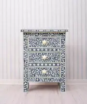 Handmade Bone Inlay 3 Drawer Bedside Table – Mid Grey Floral Nightstand