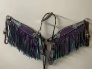 Western Brown Leather Set of Headstall and Breast Collar with Fringe & Conchos