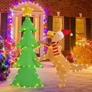 Costway 140cm Christmas Tree Lighted Decoration Tinsel Xmas Tree w/Golden Doodle Dog Indoor & Outdoor