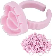 100 Pcs Glue Rings, Lash Glue Ring Pink Lash Glue Holder Flower Glue Rings Plastic Makeup Glue Holder Quick Blossom Cups for Eyelash Extension,Pink