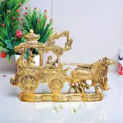 Metal Gold Plated Antique Lord Krishna and Arjun Rath Chariot with Two Horses