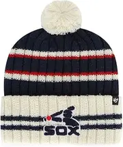 '47 Chicago White Sox Mens Womens Cooperstown No Huddle Cuff Knit Stretch Fit Navy Blue Beanie with Team Color Vintage Logo, Cream/Natural White, Navy Blue