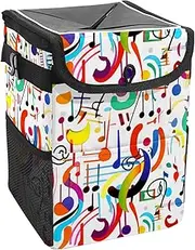 Car Trash Can with Lid and Storage Pockets Leak-Proof Organizer,Waterproof Garbage Can,Colorful Music Notes