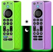 [Pinowu] Silicone Remote Case (2pcs) for Fire TV Stick 4K Max / 4K Max 2nd / Toshiba/Insignia/Pioneer/Omni Series Fire TV Alexa Voice Remote Enhanced w/Lanyard (Green and Purple, Both Glow)