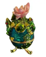 Frogs on Egg Shaped Enameled & Jeweled Trinket Box With Austrian Crystals