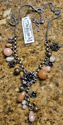 Fossil Brand Chunky Y Necklace Mixed Metal Peach Semi Precious Stones 20" NWT