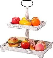 US 2-Tier Tray Stand Wooden Rectangle Tiered Food Tray Rustic Double Tiered Dessert Serving Tray Retro Farmhouse Cake Display Tray Décor Multipurpose Fruit Holder Stand for Cake(Old white)