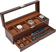 ProCase 6 Slot Watch Box with Drawer, Double-layer Jewelry Organizer Box with Glass Lid, Display Case Storage Box for Men Women -Espresso