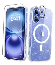 for iPhone 16 Plus Case Clear Glitter, with Screen Protector + Magnetic Clear