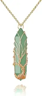 VIBILIA Healing Crystal Necklace Tree of Life Wire Wrapped Natural Stone Point Pendant Necklace Hexagonal Reiki Spiritual Quartz Gemstone Jewelry for Women Men