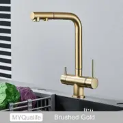 Chrome Brass Pull Out Filtered Kitchen Faucet Dual Handle Hot Cold Drinking Water 3-Way Filter Purification Mixer Taps Brushed Gold