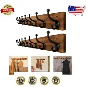 Rustic Wall-Mounted Coat Rack with 8 Heavy Duty Cast Iron Hooks - 2 Packs