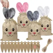 12 Pack Easter Bags Burlap Drawstring Gift Bags 8X10 Inch with Furry Rabbit Ears
