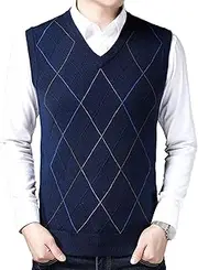 [SWJGLITTR] Men's Sweater V Neck Tank Slim Fit Cable Knitted Sleeveless Pullover Wool Blended Knitwear Loose Fit Vest, Navy Blue, Large