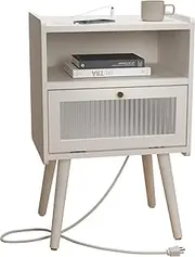 Mid Century Modern Nightstand with Charging Station, Bedside Tables with Glass Decorative Door, End Table Side Table with 2 Tiers Storage Space, for Bedroom, Living Room, White