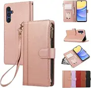 [Rosbtib] Mobile Phone Case for Samsung Galaxy A15 Leather Case Zip Magnetic Closure Wallet with 4 Card Slots Retro Leather Case Galaxy A15 Case, Rose Gold