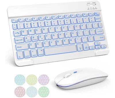 Tecurs Bluetooth Keyboard & Mouse Combo For IPad, 7 Color Backlit, White & Grey