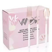 WDF 180PCS Rose Gold Plastic Silverware-Rose Gold Plastic Cutlery with White ...