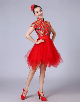 新款打鼓服喜慶舞蹈演出服大人女水鼓服中國風現代舞蹈快板蓬蓬裙