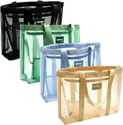 [VS Vignette Stationery] Vignette Stationery Large Heavy Duty Lightweight Nylon Mesh Foldable Tote Zipper Shoulder Bag With Detachable Pouch Swim Beach Grocery School Artist Reusable Carry Bag