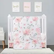 PINNKKU 3-Piece Crib Bedding Set for Girls, Portable, Blush Pink Flower Crib Skirt, Blanket, Crib Sheet, Fits Mini Crib Only