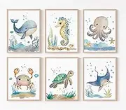 Joocrise Nursery Sea Animal Wall Decor Set of 6 Ocean Watercolor Canvas Wall Art Baby Boys Room Wall Art Ocean Sea Animal Pictures Kids Girl Art Prints Nursery Artwork for Bedroom 8x10 Inch Unframed