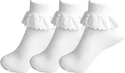 [ITRAT] 3 Pairs Girls Ankle socks Children’s White Black Frilly School Socks with Lace, Girls Back to school socks Party Wear Uniform Comfort Socks