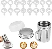 Powder Suger Shakers Sifter Shaker Fine Mesh Flour Duster Powder Shaker Icing with Lid and Handle Stainless Steel Container Sifter with 16 Coffee Stencils for Sprinkling Baking Cooking Latte Coffee