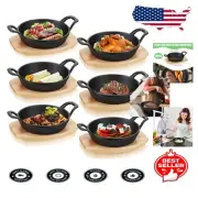 Compact 4.9 Inch Cast Iron Skillet Set with Wooden Bases for Versatile Cooking