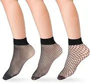 [KALIONE] 3 Pairs Women's Fishnet Socks, Fishnet Ankle High Socks Hollow out Mesh Net Socks Thin See Through Lace Crew Socks Black Sheer Socks for Women Girls, Black